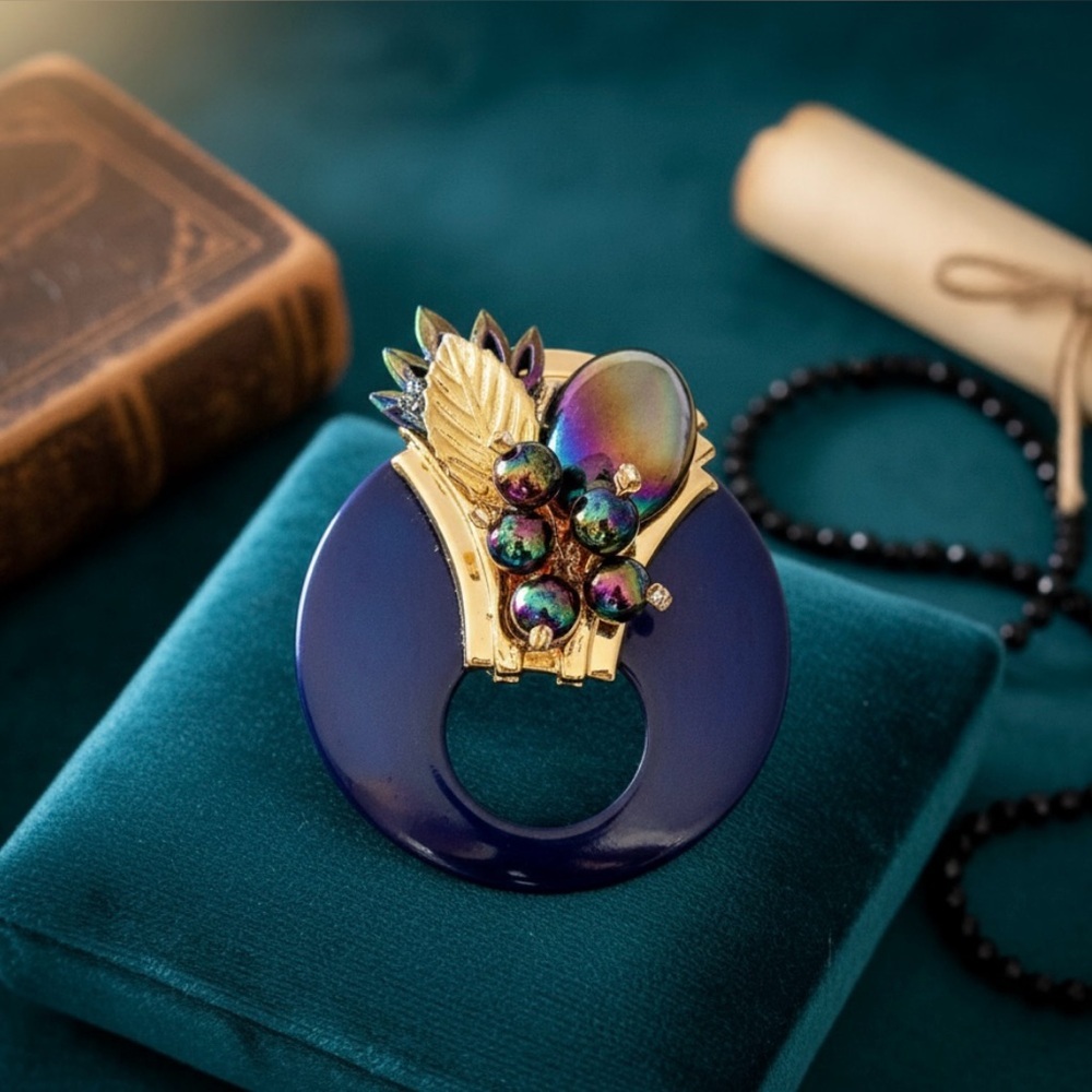 Vintage Royal Blue & Iridescent Cabochon Statement Brooch